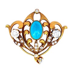 1.25 Carat Diamond and Turquoise Antique Pin 18K Gold