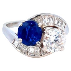 1.56 Carats Blue Sapphire And 1.30 Carats Diamond 2 Stone Ring
