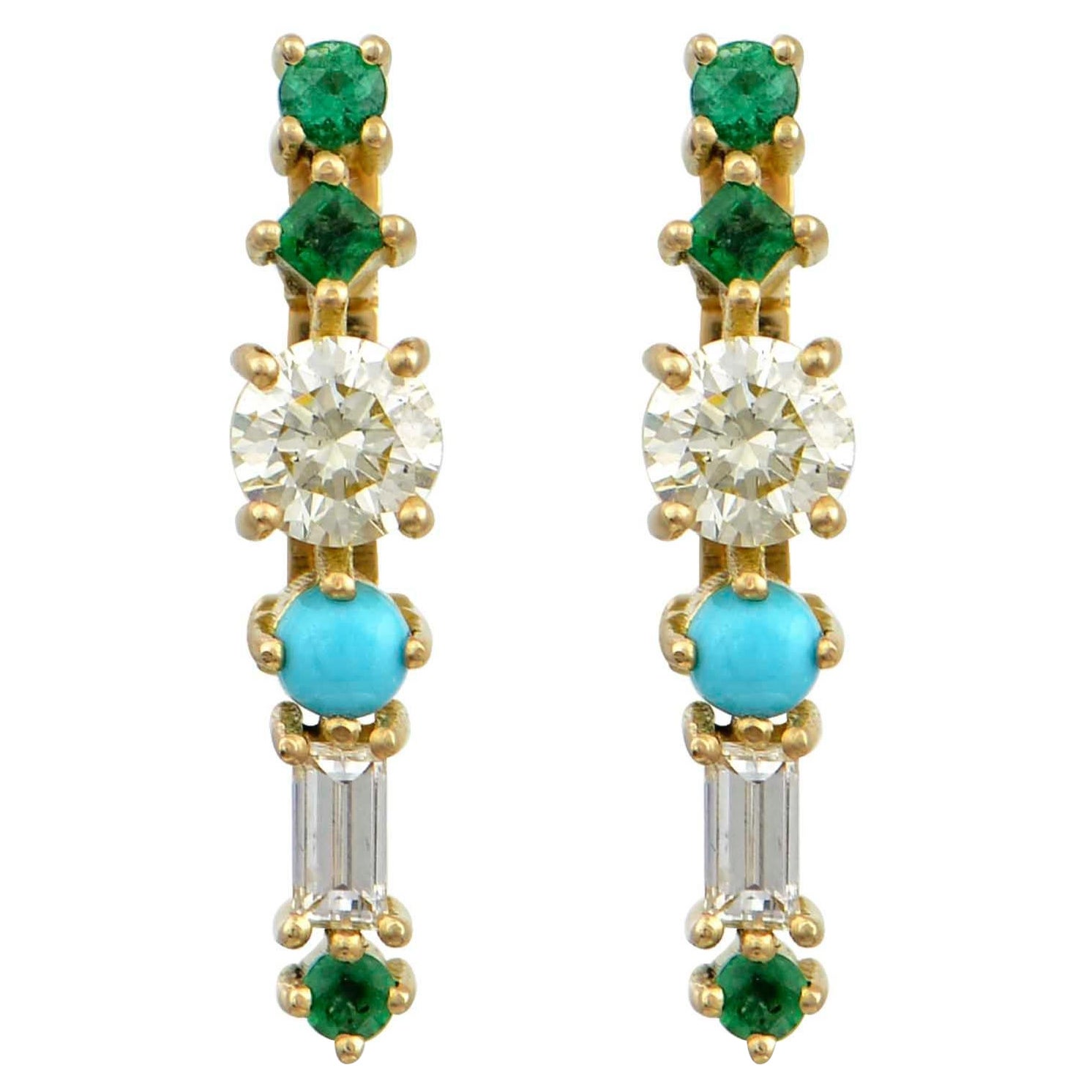 Stud Earrings in 18 Karat Yellow Gold with Diamonds, Emerlads, Turquoise For Sale