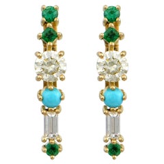 Stud Earrings in 18 Karat Yellow Gold with Diamonds, Emerlads, Turquoise