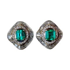 Art Deco Inspired Platinum Diamond 2.51 Carat Colombian Emerald Earrings