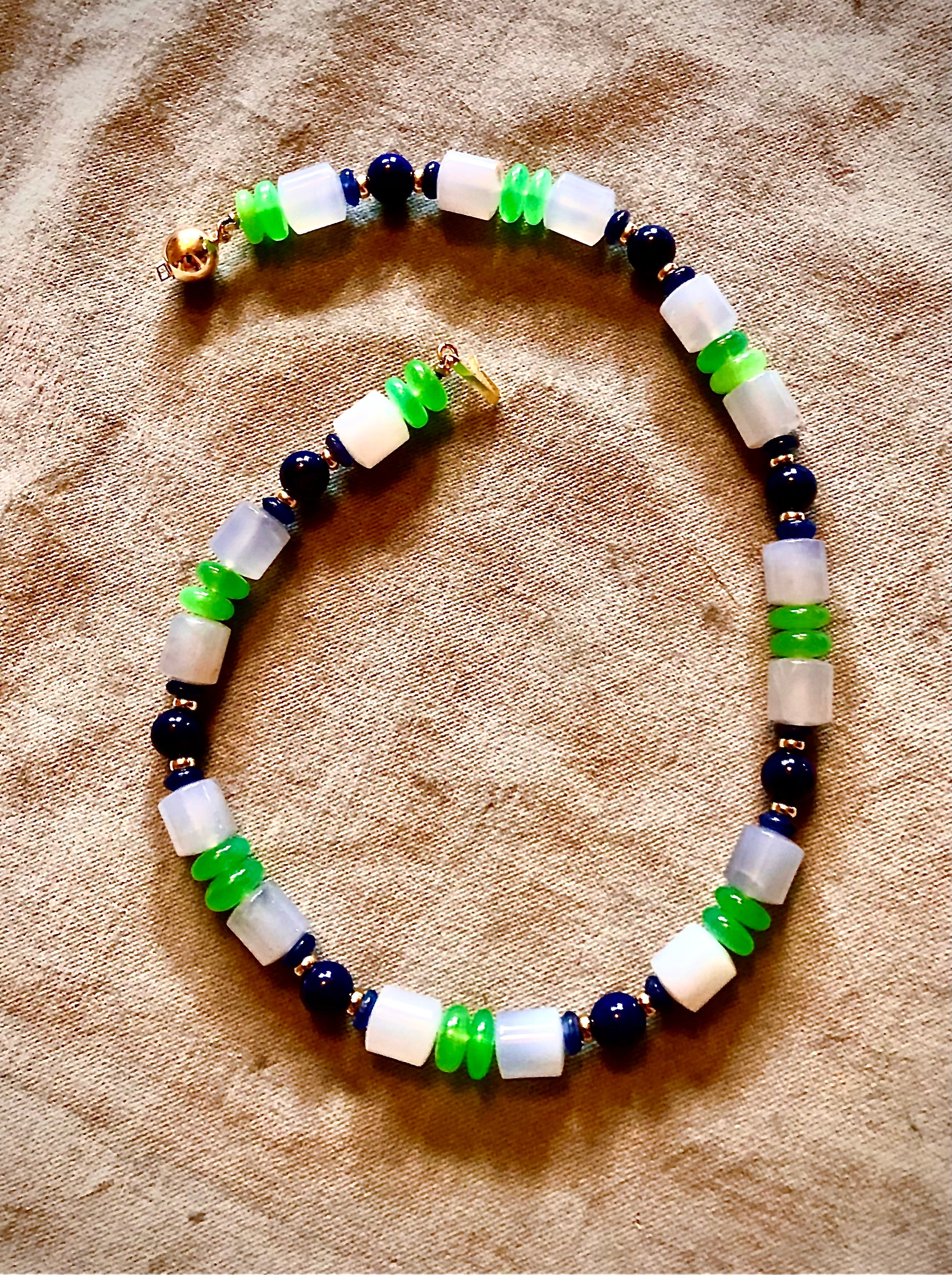 Chalcedony, chrysoprase, lapis lazuli, sapphire and 14kt gold necklace For Sale