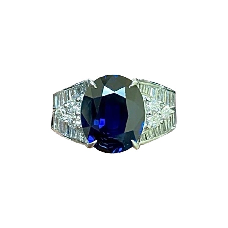 Platinum Baguette Diamond 4.51 Carat Oval Blue Sapphire Engagement Ring