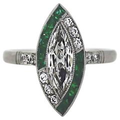 Pre 1940's Art Deco Ring in Platinum featuring Marquise Diamond and Emeralds