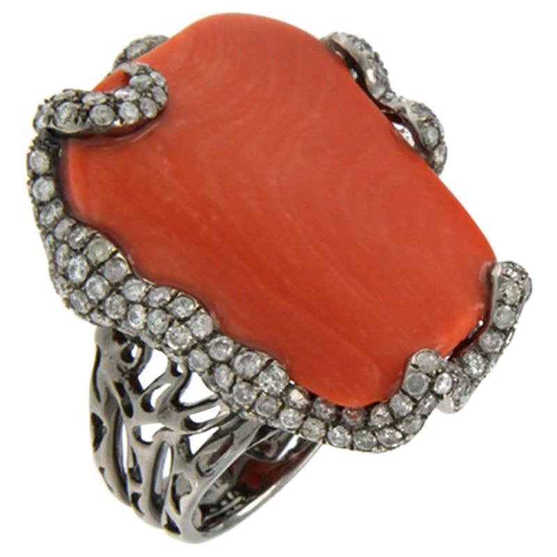 Pave Diamond Coral Ring 18K Gold Black Rodium For Sale