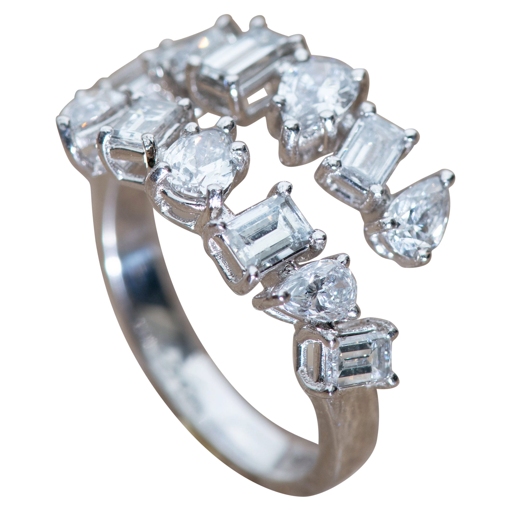 Asymmetrical mix shape 2.22 carat diamond white gold open ring  For Sale