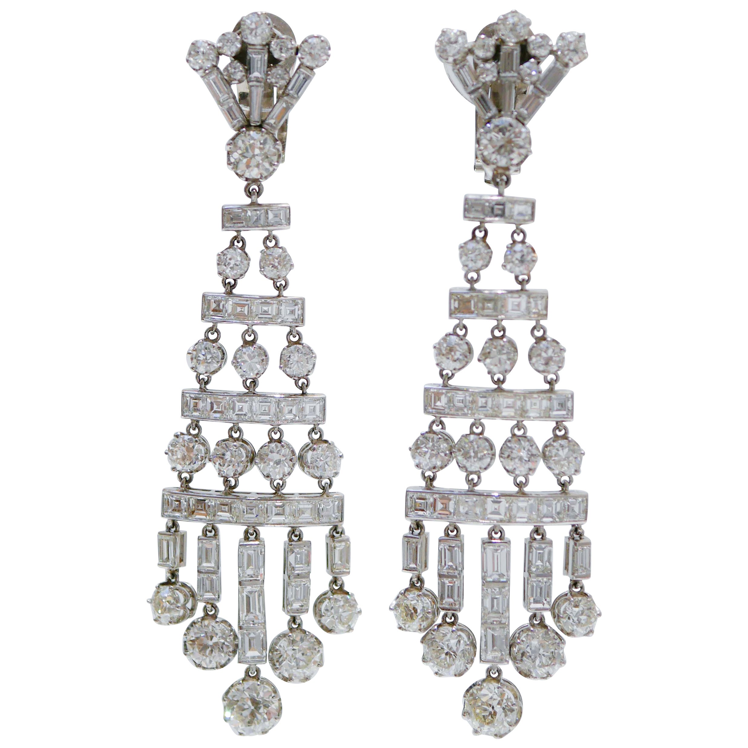 20.50 Carats Old Cut Diamonds Baguette Diamonds, Platinum Chandelier Earrings.