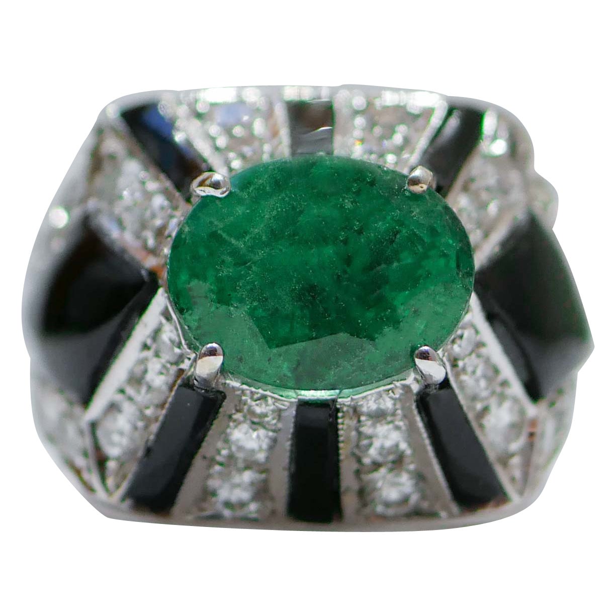Emeralds, Diamonds, Onyx, 14 Karat White Gold Ring.