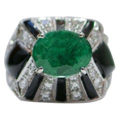 Vintage Emeralds, Diamonds, Onyx, 14 Karat White Gold Ring.