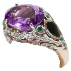 Amethyst, Onyx, Tsavorite, Diamonds, Rose Gold and Silver Ring.