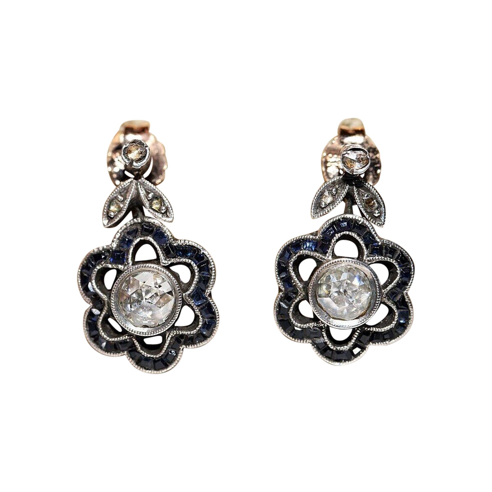 Boucles d'oreilles anciennes des années 1900 en or 8 carats, diamants naturels taille rose et saphirs