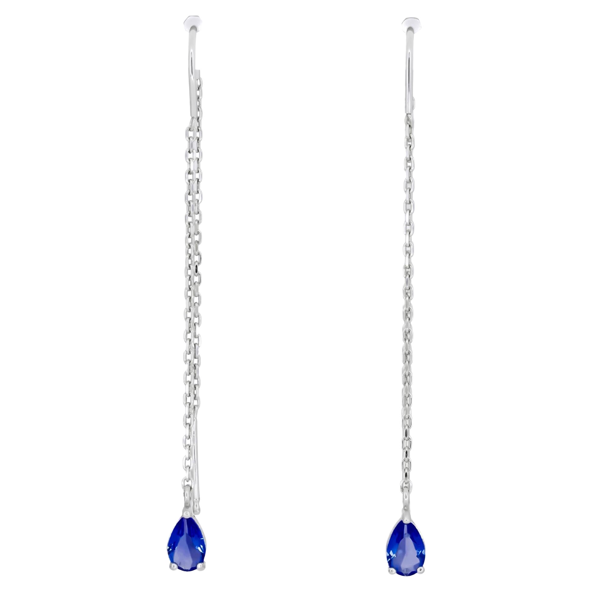 Sapphire Threader Earrings in 14k gold. For Sale