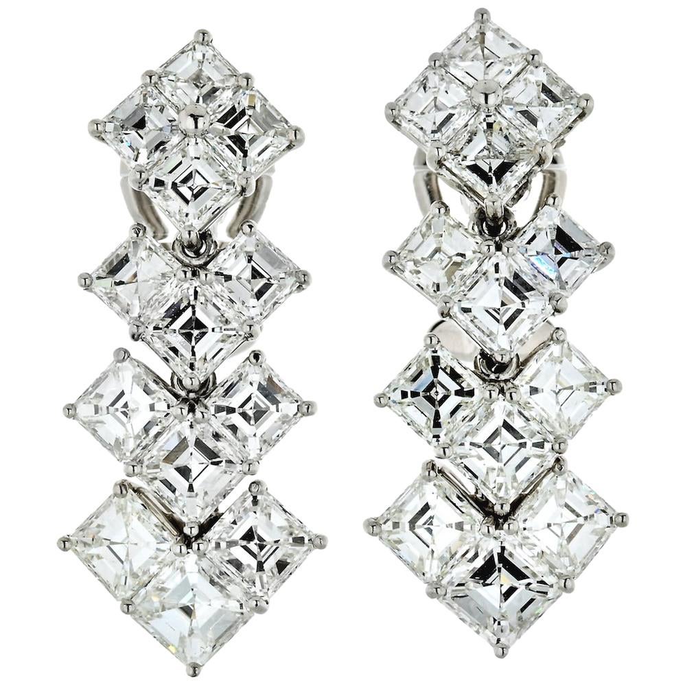 Platinum Asscher Cut 10.25cttw Diamond Drop Earrings For Sale