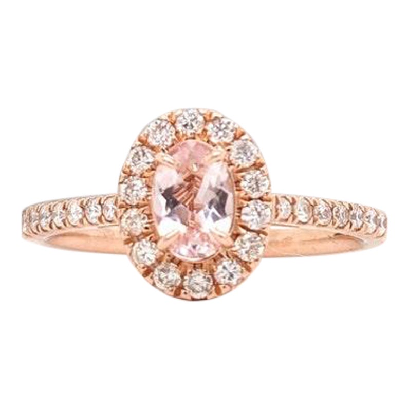 Morganite Ring with Diamond Halo in Solid 14K Rose Gold  Oval 6x4mm For Sale