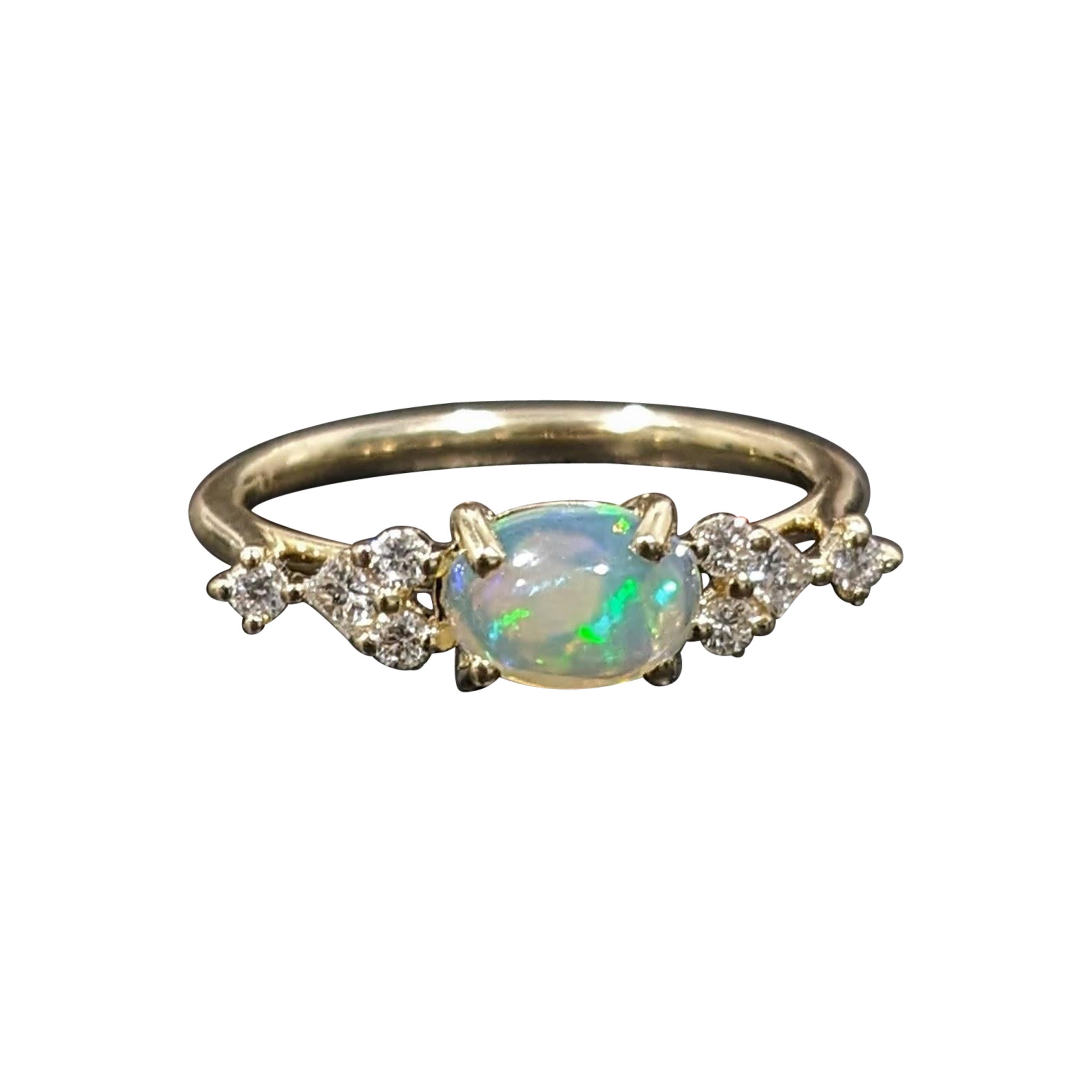 Opal Ring with Natural Diamond Accents in Solid 14k Yellow Gold Oval 8x6mm For Sale