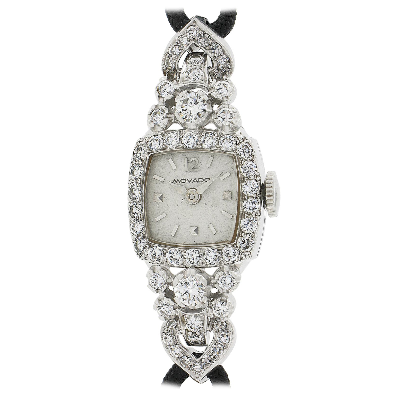 Vintage Movado Platin 1,5ctw Diamant Ausgefallenes Kleid Armbanduhr mit schwarzem Kordelriemen, Vintage