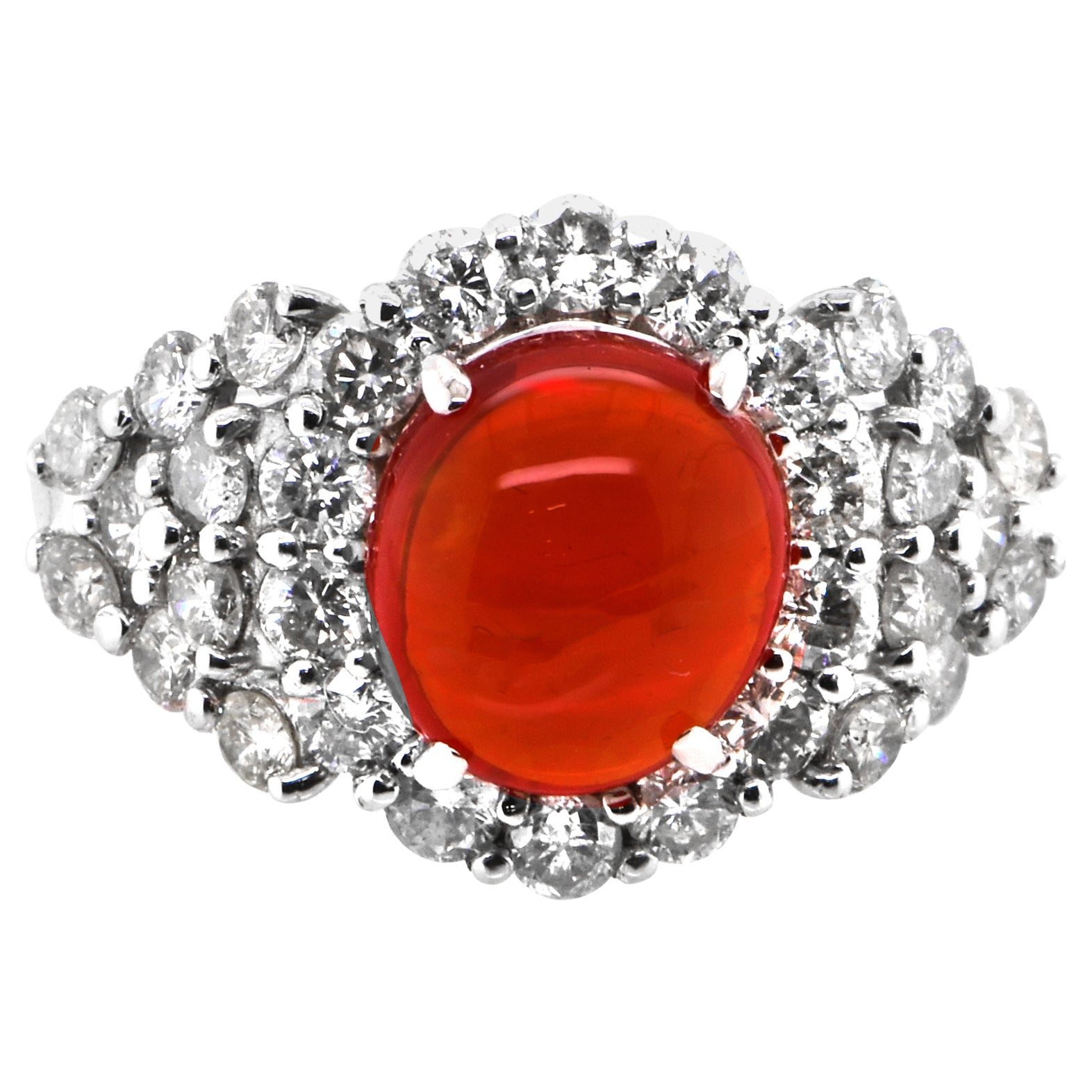 2.36 Carat Natural Mexican Fire Opal and Diamond Cocktail Ring Set in Platinum For Sale
