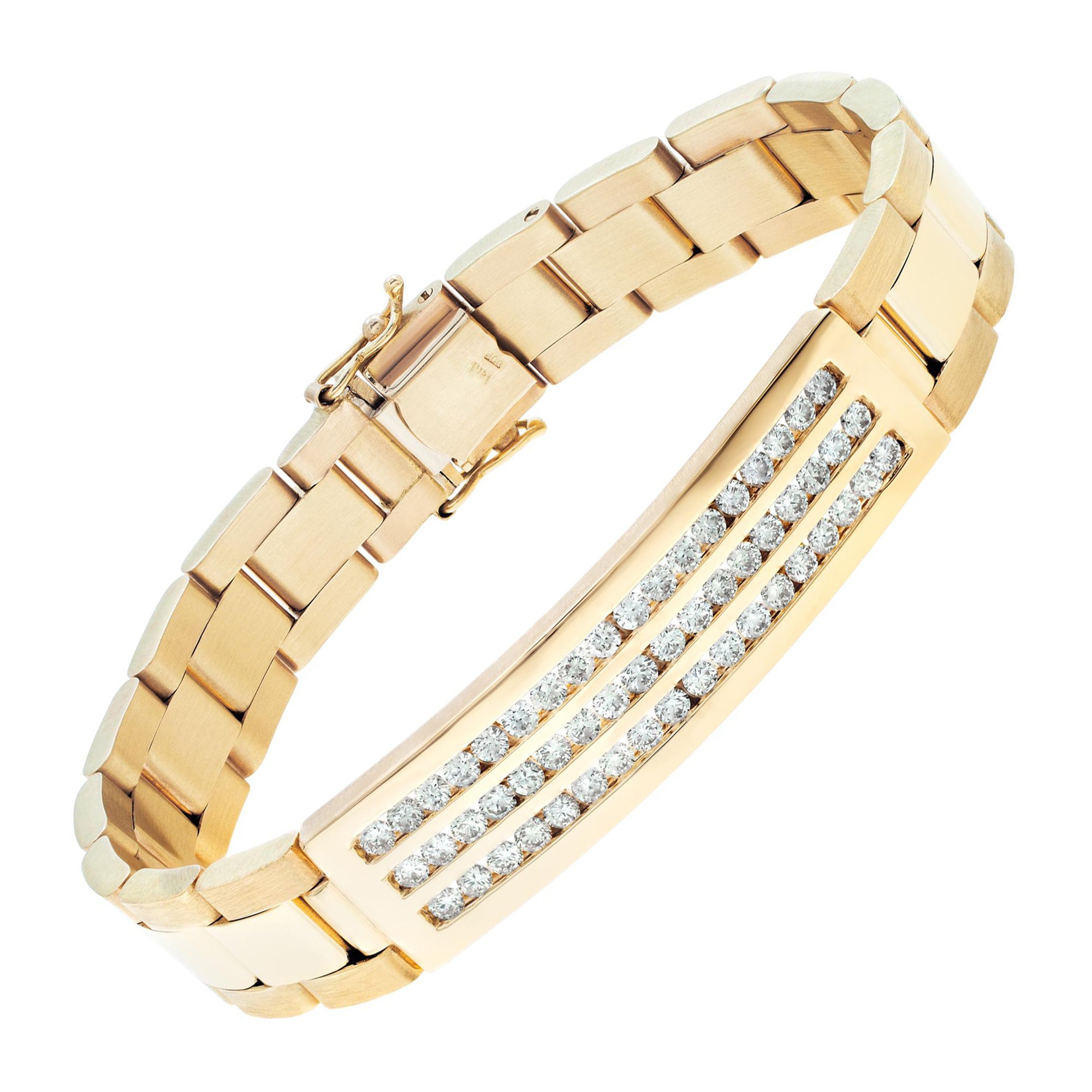 Mens yellow gold link bracelet with diamonds. For Sale