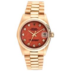 Vintage Rolex 18K Yellow Gold Ladies Presidental Watch with Coral Diamond Dial