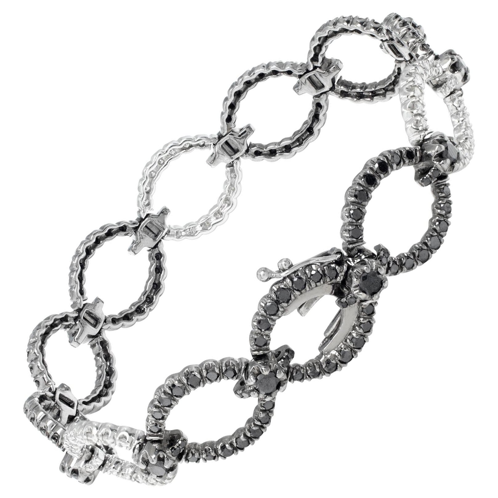 Bracelet à maillons ovales en or blanc et diamants noirs et blancs