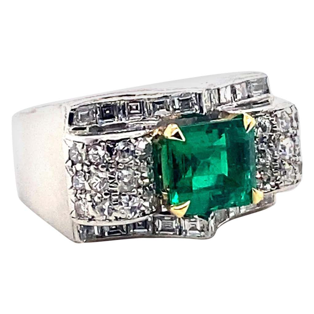 Vintage Van Cleef and Arpels Emerald Diamond Platinum Ring Circa 1940