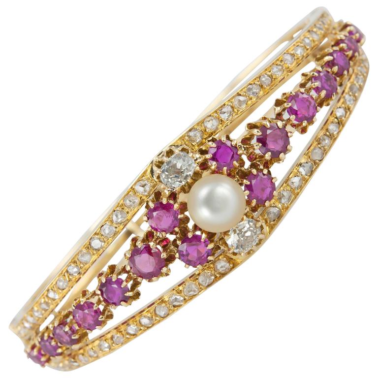 Victorian Ruby Pearl Diamond Gold Bangle Bracelet For Sale at 1stDibs