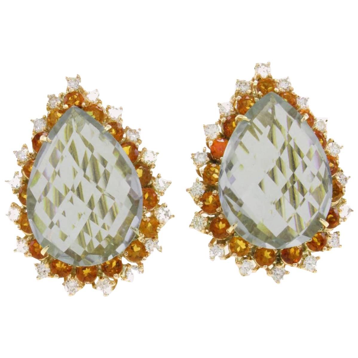 Light Green Amethyst Drop Gold Earrings For Sale