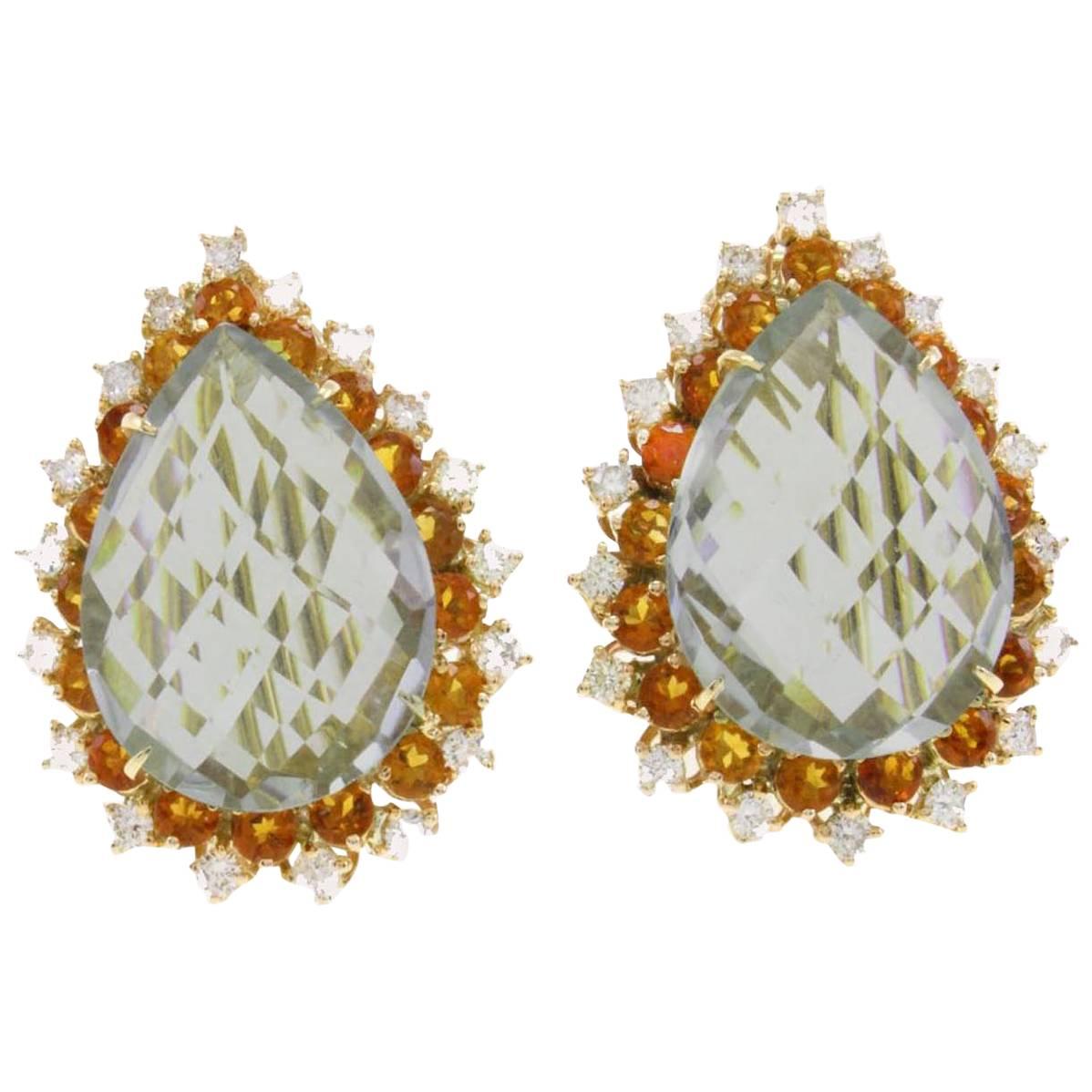 Ligth Green Amethyst Drop Gold Earrings For Sale