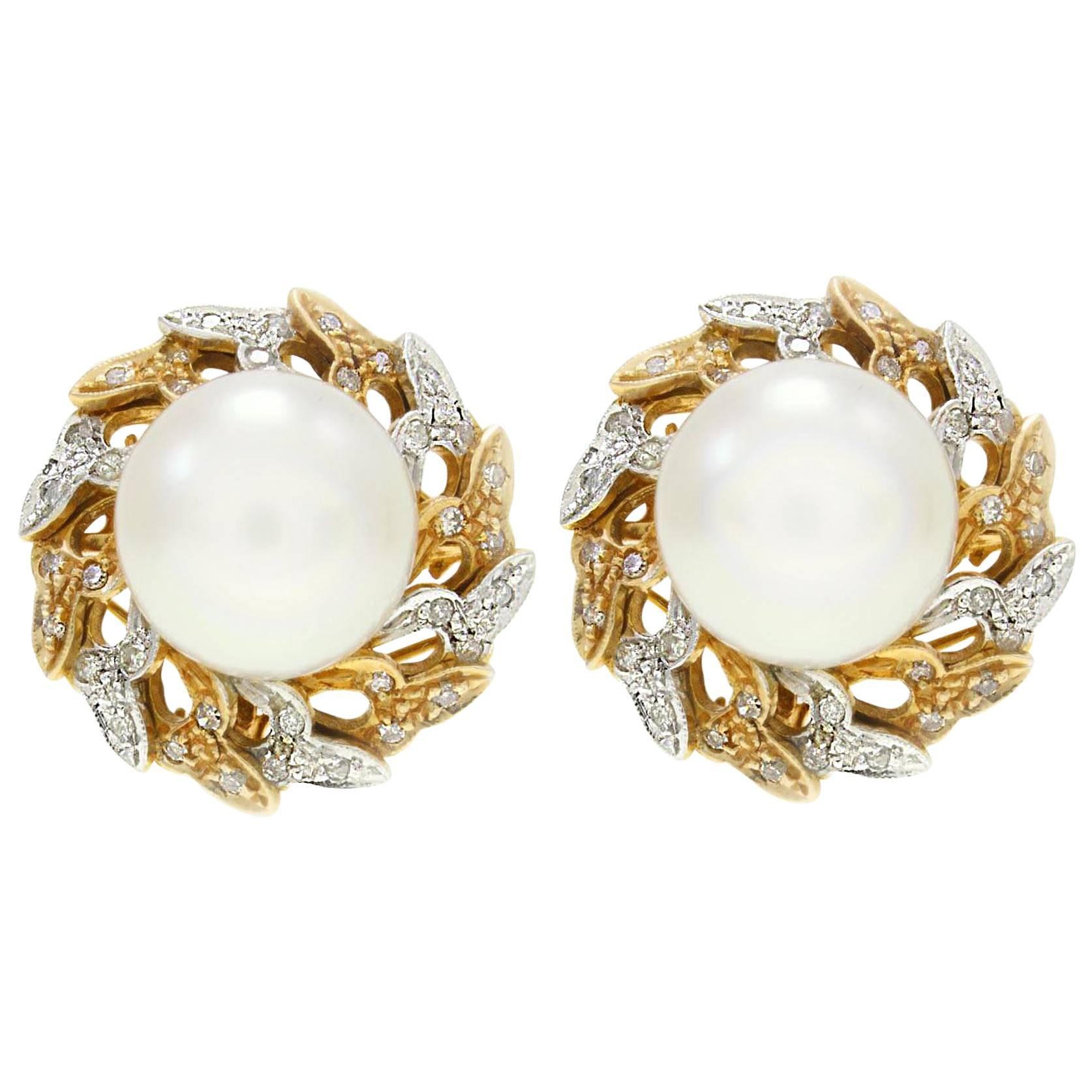 Pearl Heart and Diamond Gold Earrings