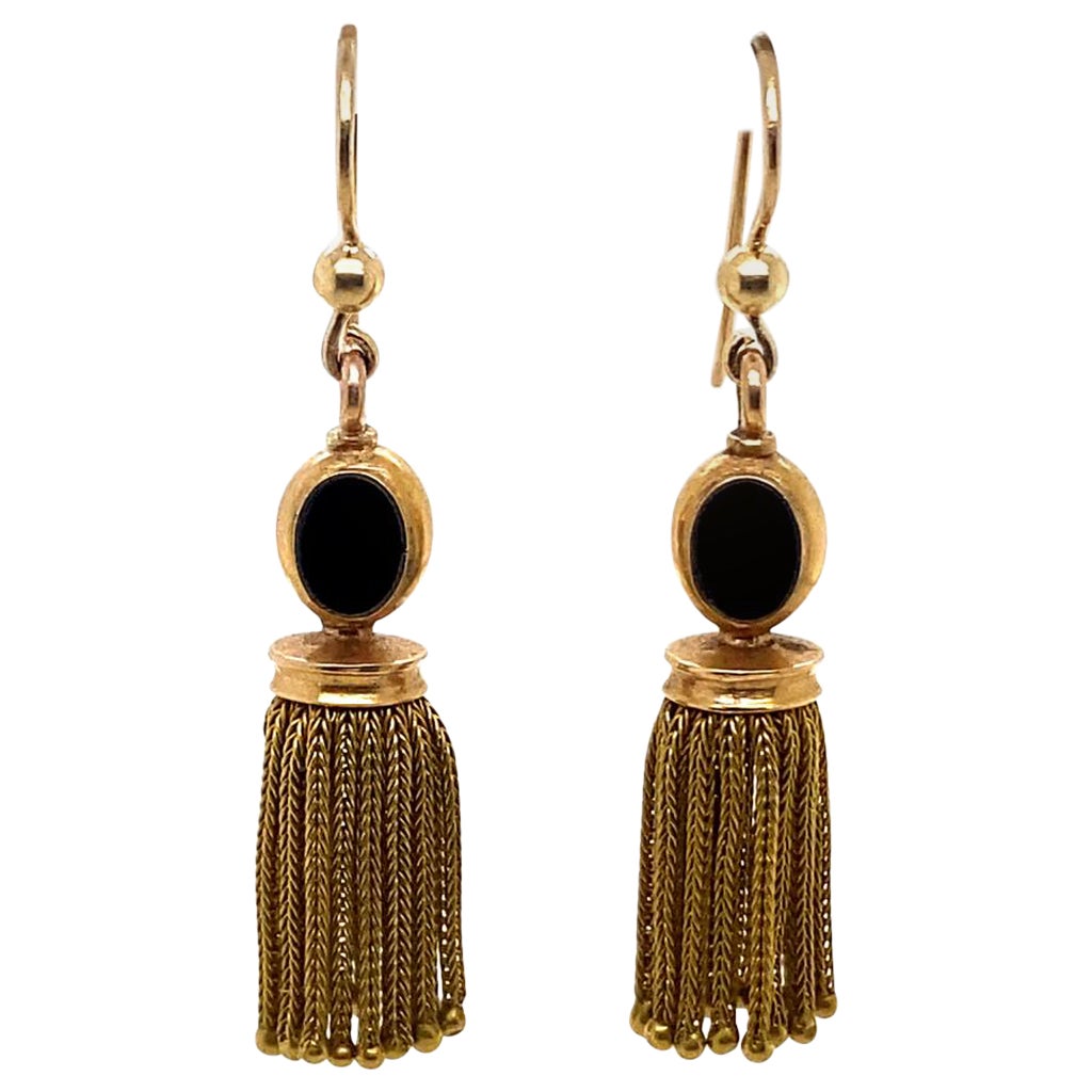 Victorian Fringed Earrings with Onyx Set in 18 Karat Yellow Gold