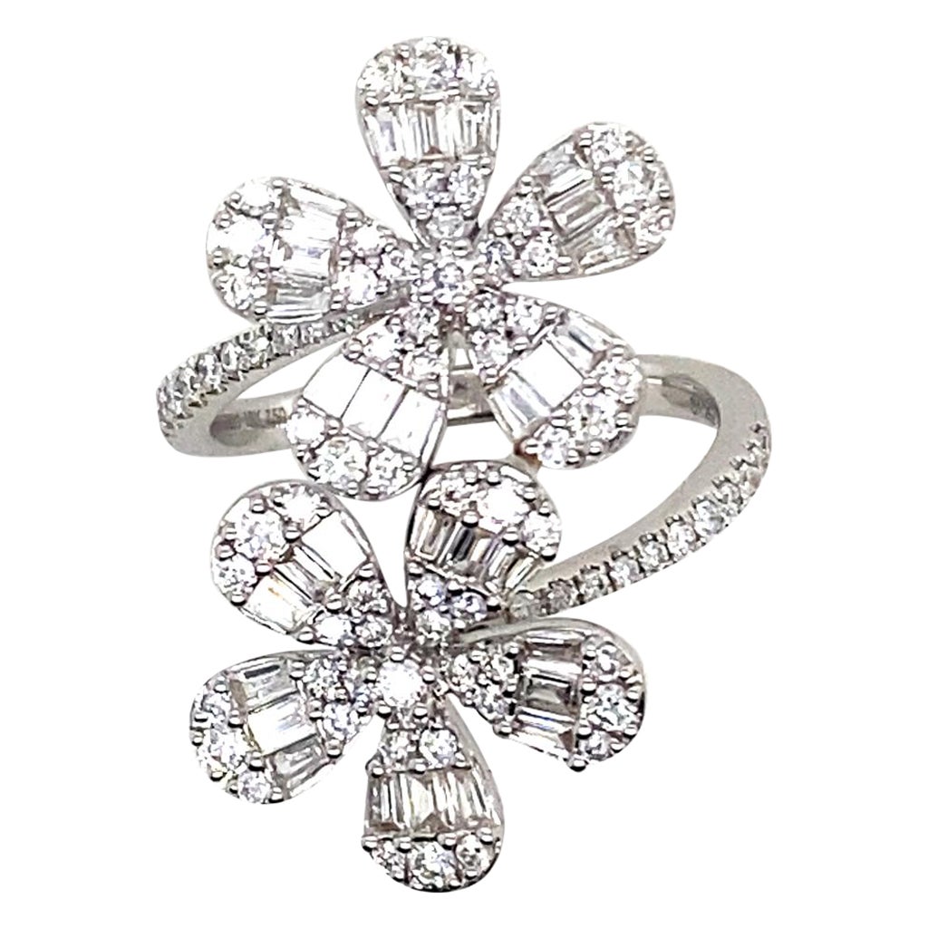 Diamond Flower Cross Over Ring 18 Karat White Gold For Sale