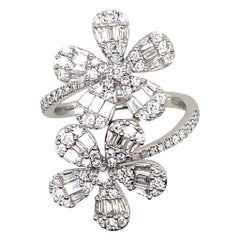 Diamond Flower Cross Over Ring 18 Karat White Gold