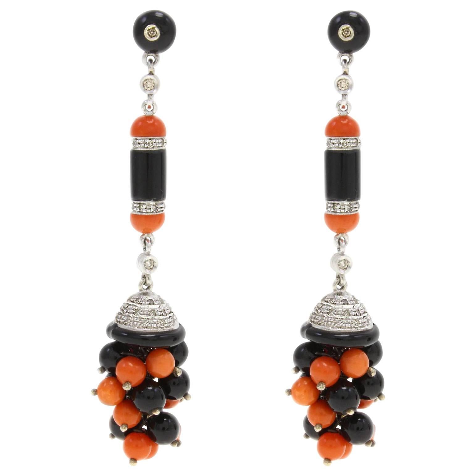 Luise Coral Onyx Diamond & White Gold Earrings