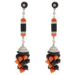 Vintage Luise Coral Onyx Diamond & White Gold Earrings