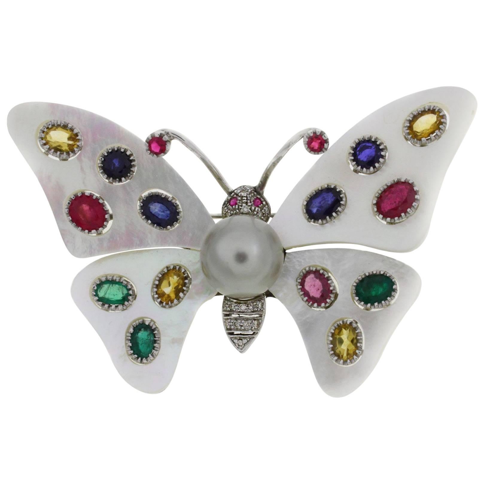 Mother-of-Pearl Sapphire Diamond Pearl Gold Butterfly Brooch