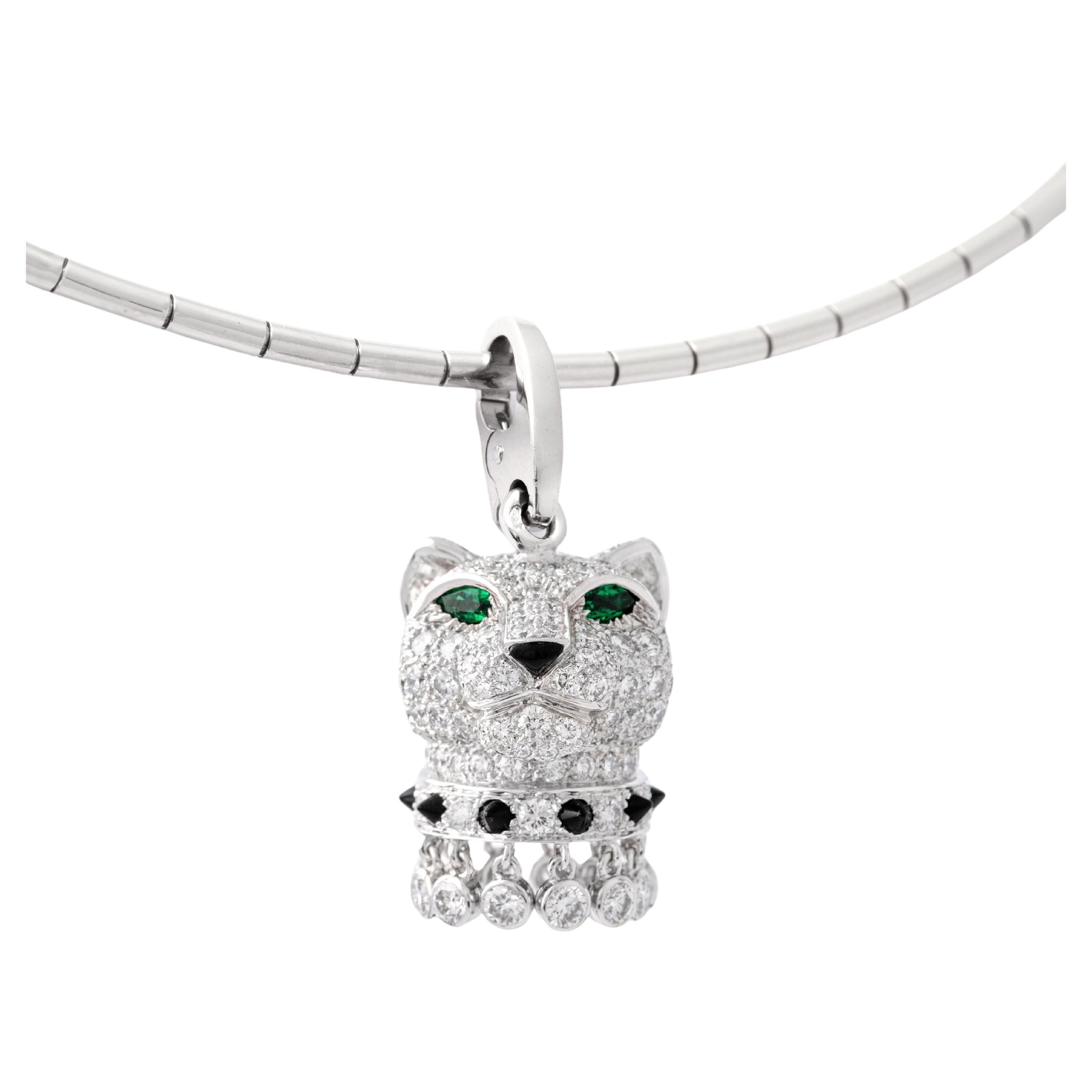 Cartier Panther Diamond Emerald Onyx White Gold 18K Charm Pendant Chain Necklace For Sale