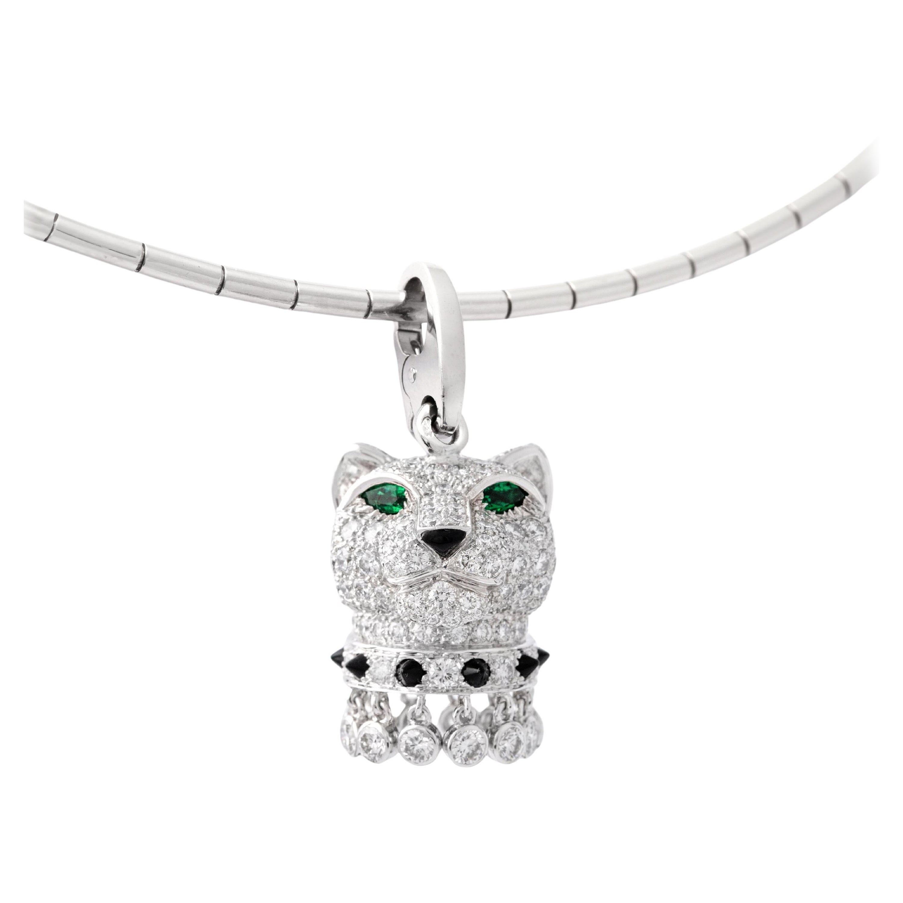 Cartier Panther Diamond Emerald Onyx White Gold 18K Charm Pendant Chain Necklace For Sale