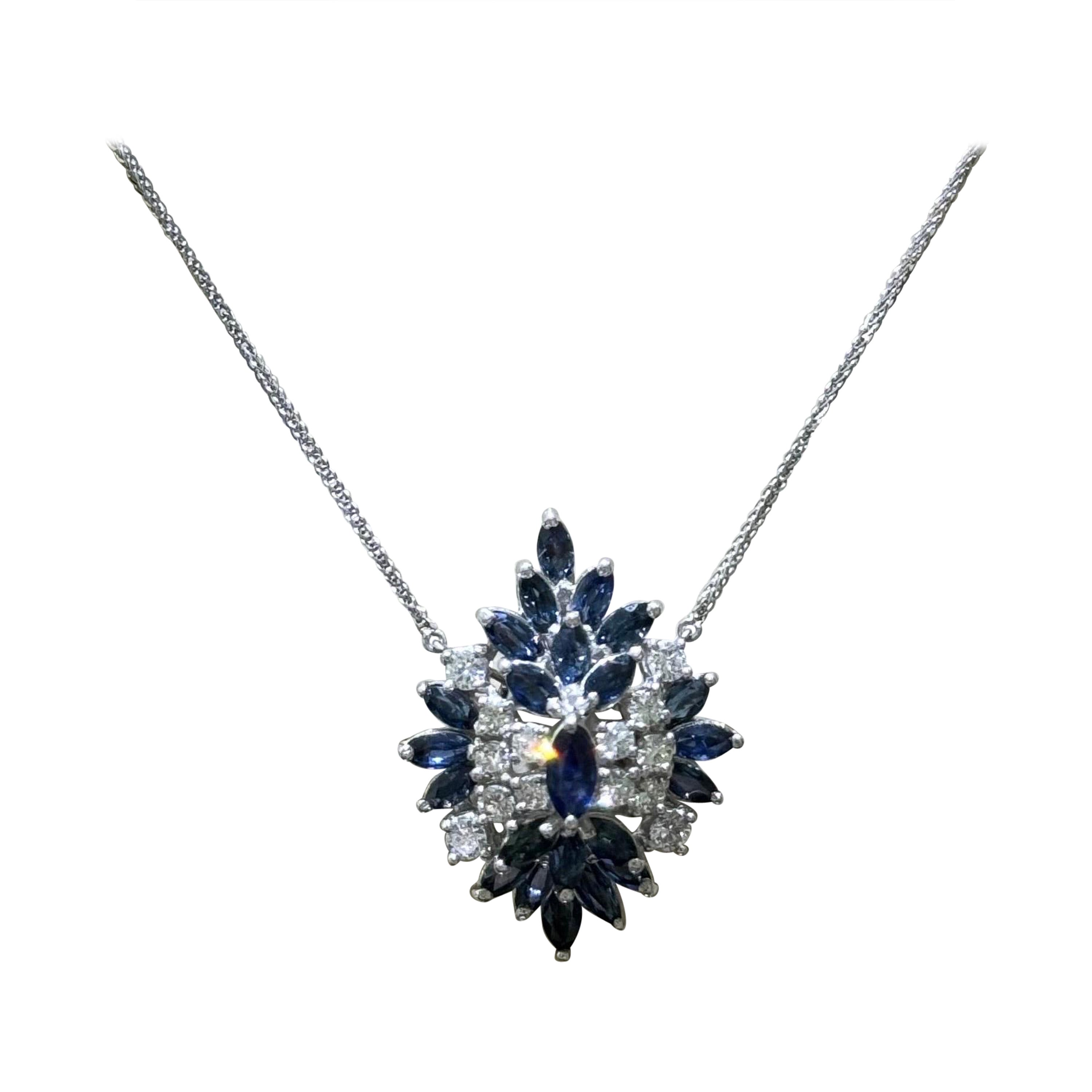 Gorgeous Blue Sapphire And Diamond Necklace In 14k White Gold  For Sale