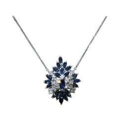 Vintage Gorgeous Blue Sapphire And Diamond Necklace In 14k White Gold 