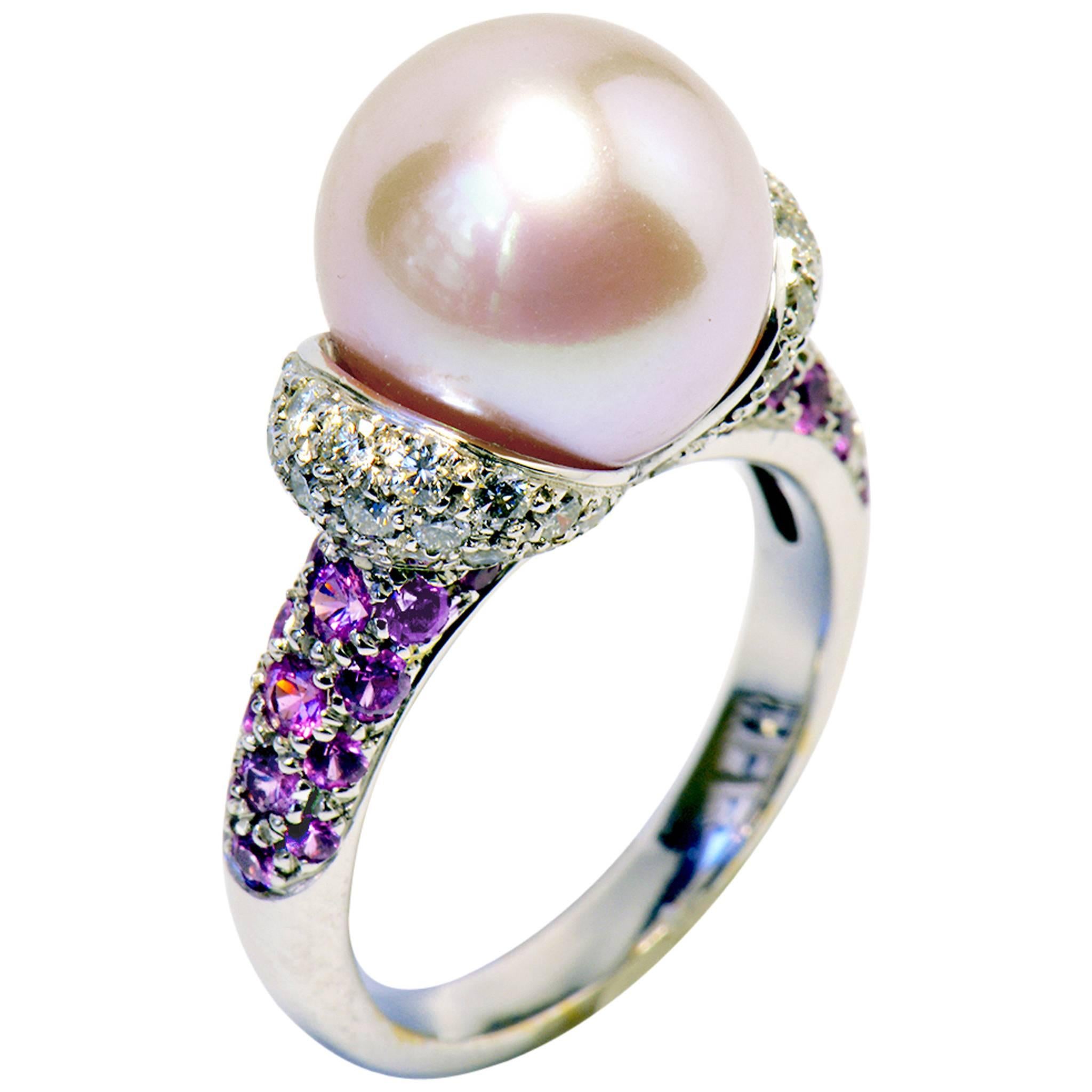 Pink Fresh Water Pearl, White Diamonds and Pink Sapphires 18K White Gold Ring 