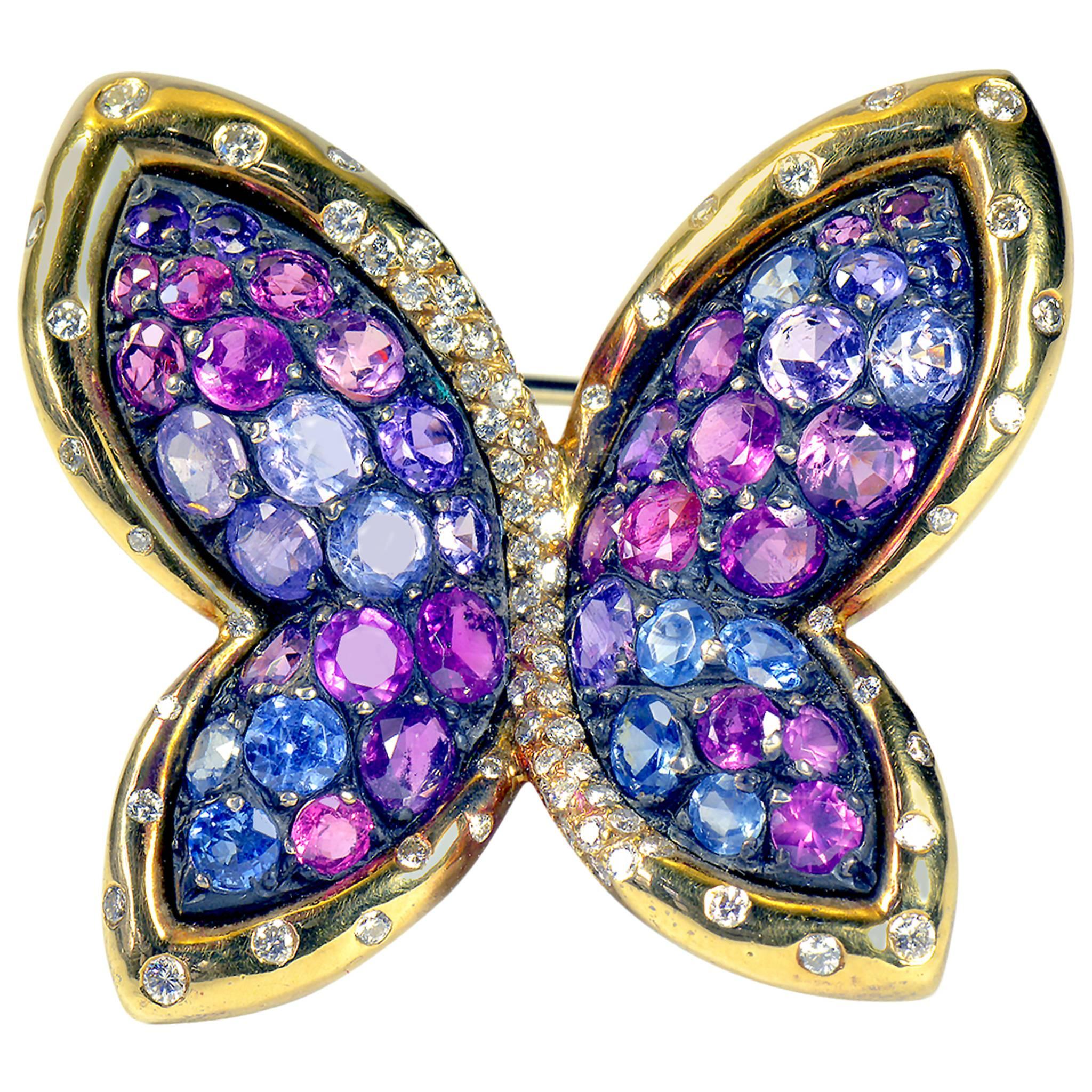 Colored Sapphires Butterfly Brooch Created by Marion Jeantet For Sale