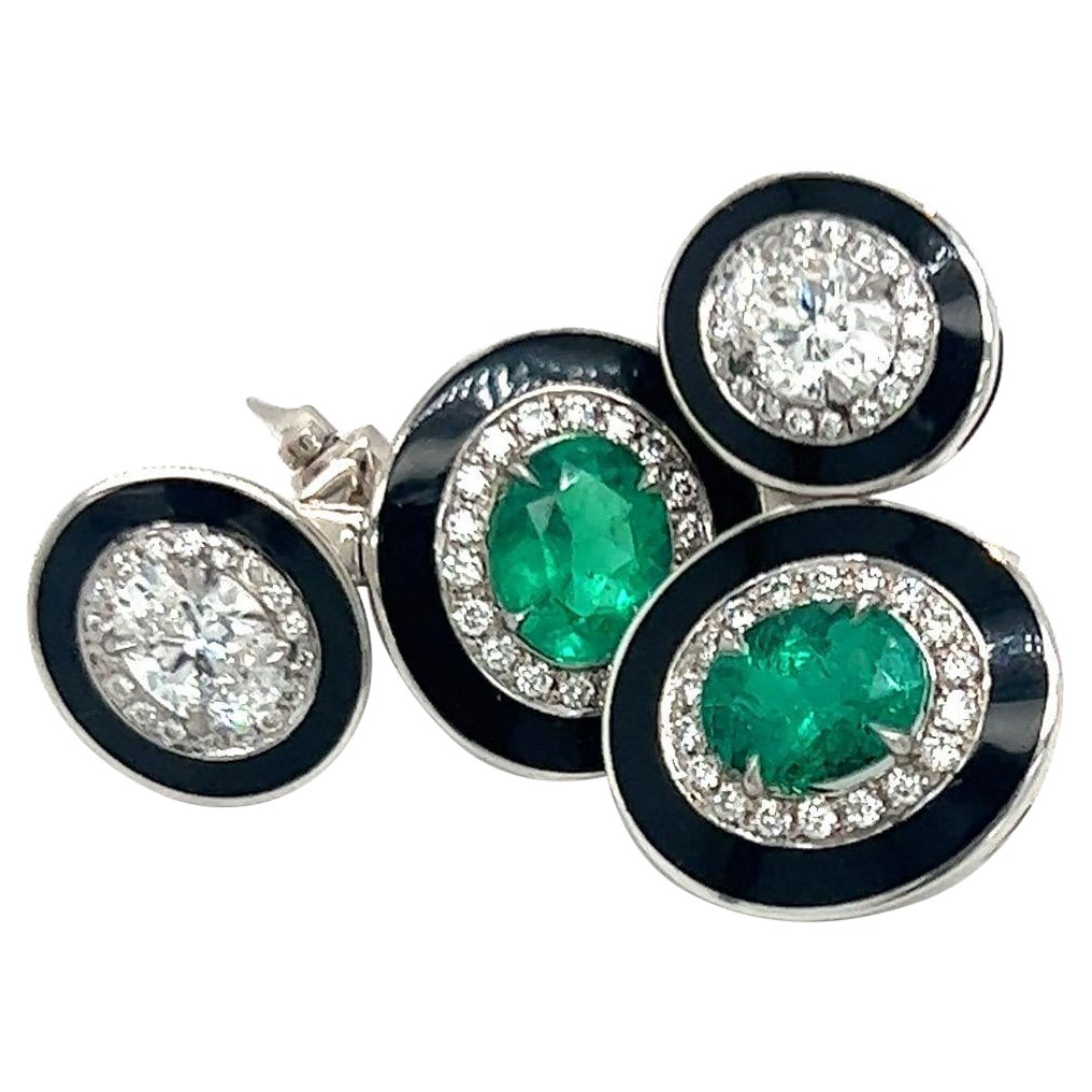 18KT White Gold Oval Emerald and  Diamond Drop Earrings For Sale