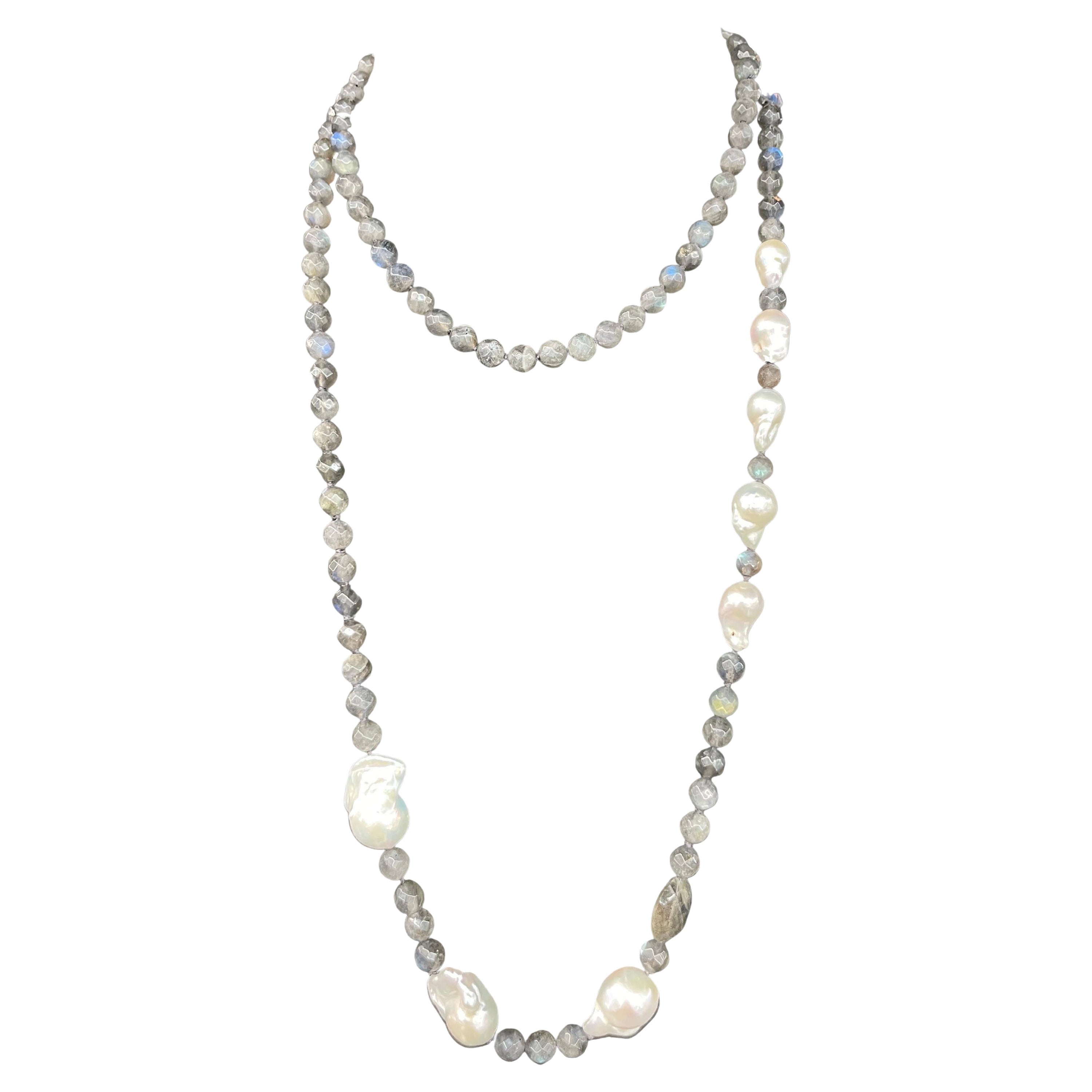 Long Labradorite Nugget Baroque White Pearl Beaded Necklace 44 Inches For Sale