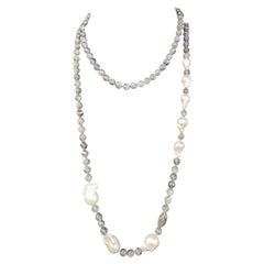 Long Labradorite Nugget Baroque White Pearl Beaded Necklace 44 Inches