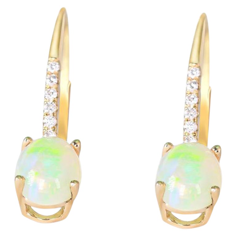 Classic Ethiopian Opal Oval Cab and Diamond 14K Yellow Gold Earring For Sale