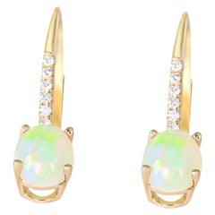 Vintage Classic Ethiopian Opal Oval Cab and Diamond 14K Yellow Gold Earring