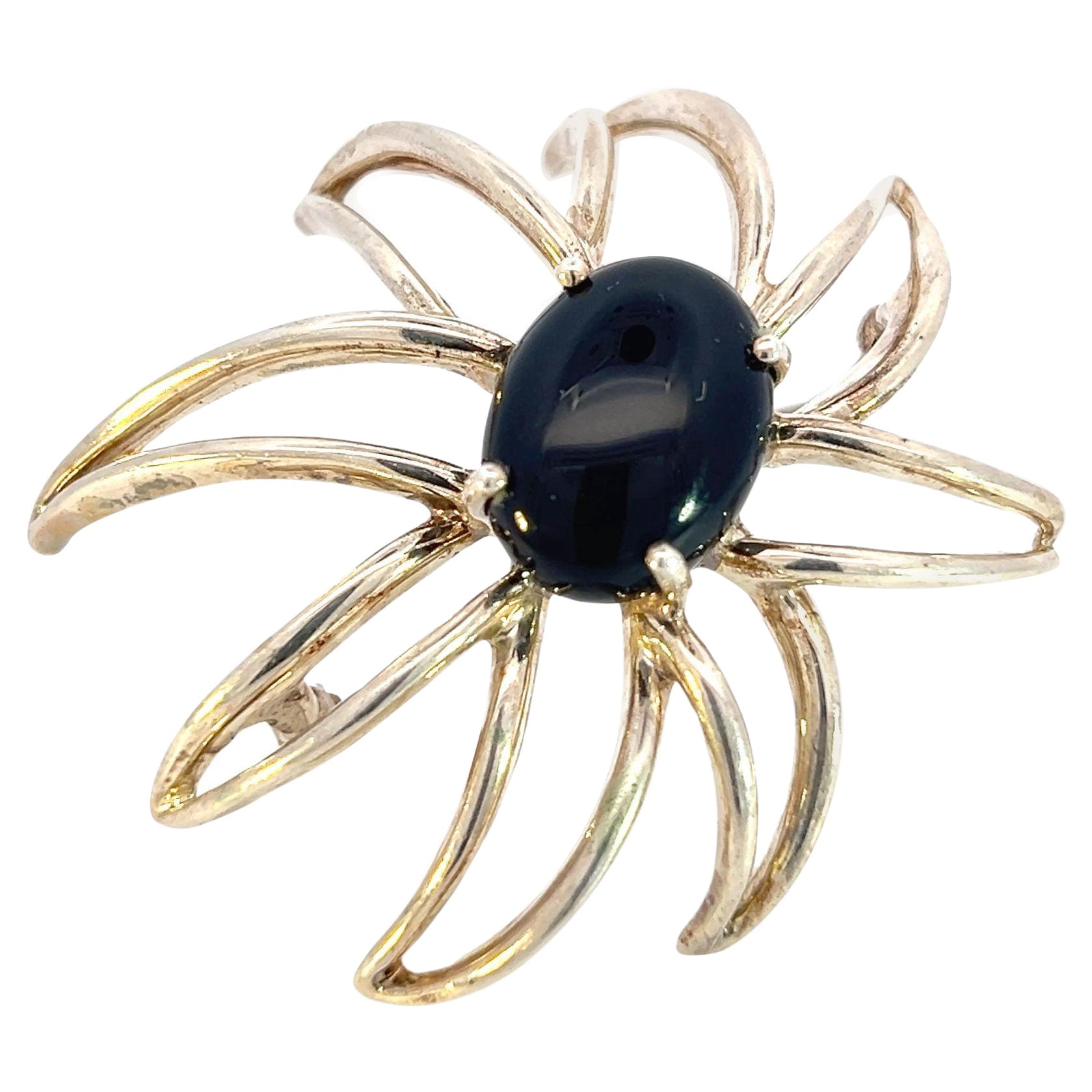 Tiffany & Co Estate Large Onyx Flower Brooch Sterling Silver