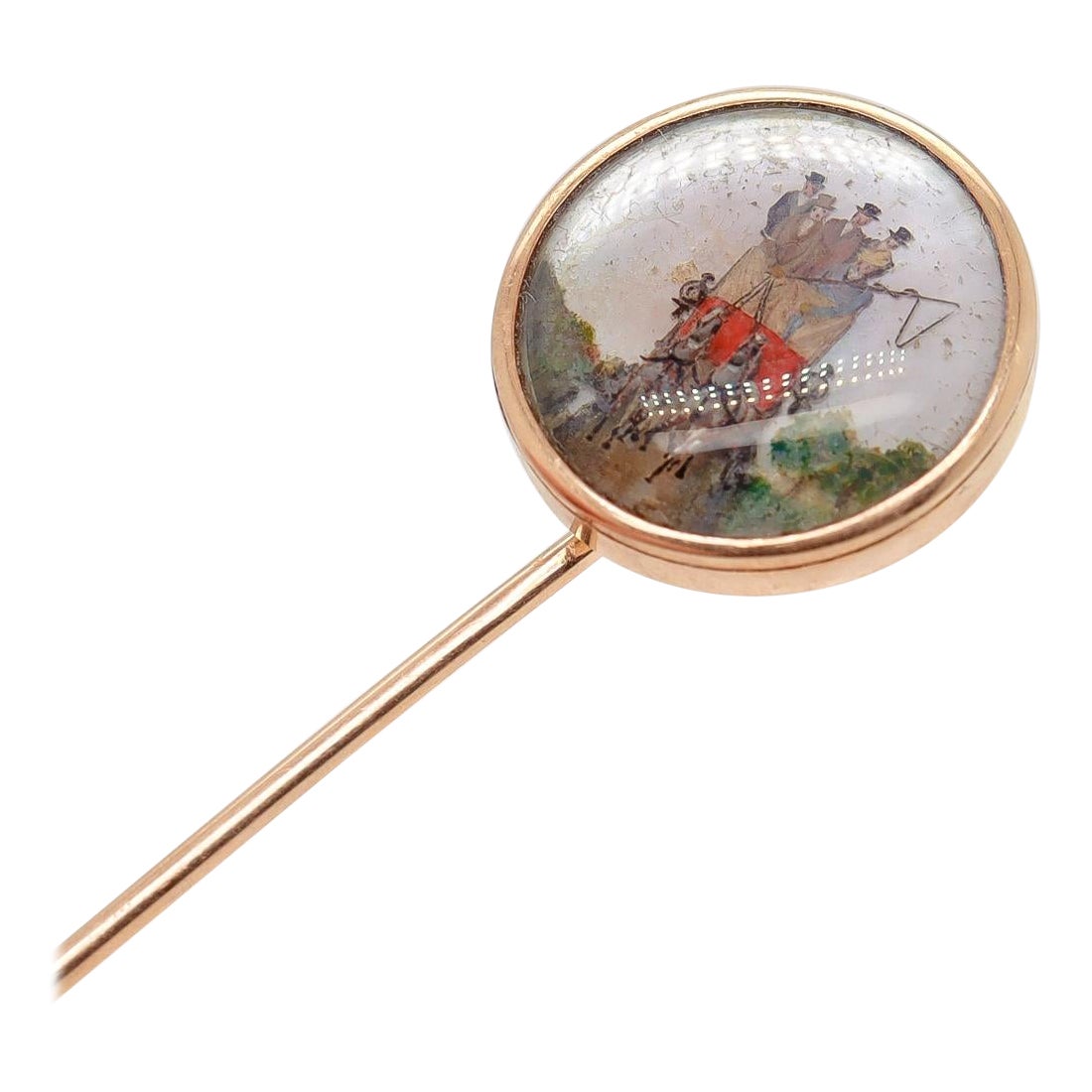 Large Antique Signed 14k Gold Essex Crystal Stickpin of a Stagecoach or Carriage