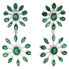 18k White Gold 8.28ctw Emerald & Diamond Spray Snowflake Drop Dangle Earrings