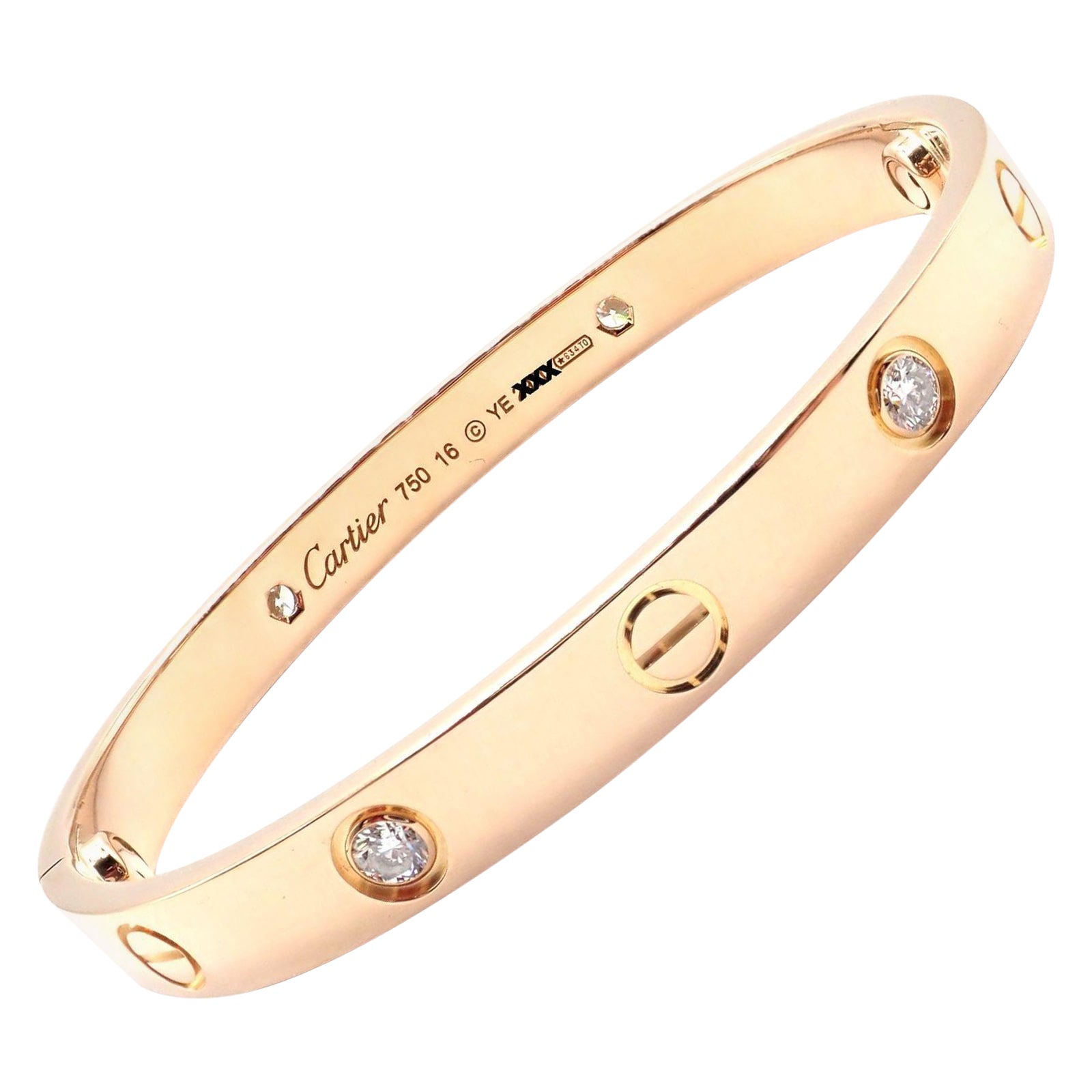 Cartier Love Four Diamond Rose Gold Bangle Bracelet Size 16 For Sale